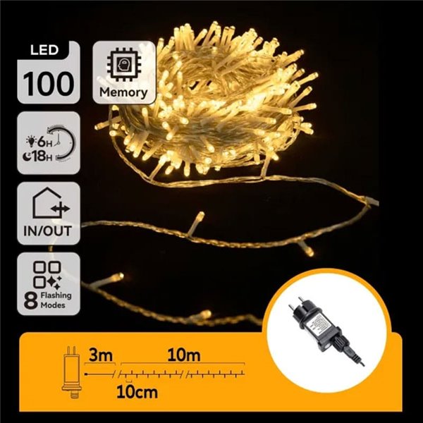 Guirnalda de 100 luces LED bajo voltaje 10m, blanco cálido, 8 func+mem+temp, IP44