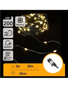 Cordão de luzes LED de baixa tensão com 200 LEDs, 20m, branco quente, cabo escuro, IP44