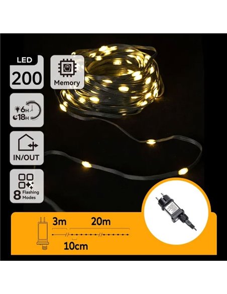 Cordão de luzes LED de baixa tensão com 200 LEDs, 20m, branco quente, cabo escuro, IP44