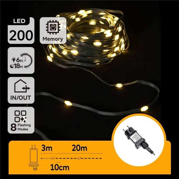 Guirnalda plana exterior de 200 luces LED de bajo voltaje 20m, blanco cálido, cable oscuro IP44