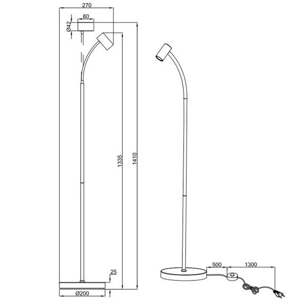 Luminária de chão TARYN 133,5 cm, ajustável, com foco embutido (lâmpada não incluída: 1 x GU10, máx. 5 W), IP20, preta.