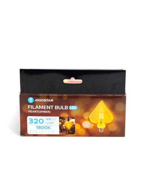 Lâmpada LED de filamento em formato de coração, soquete E27, 4W equivalente a 32W, 320 lúmens, luz super quente de 1800K.