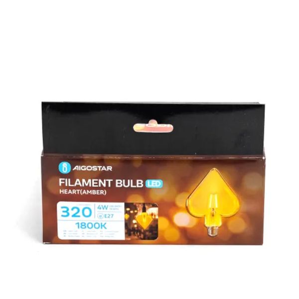 Bombilla de filamento LED con forma CORAZÓN E27, 4W equivale a 32W, 320Lm,  luz súper cálida 1800K