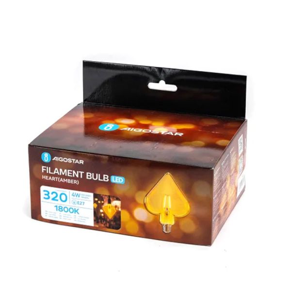 Lâmpada LED de filamento em formato de coração, soquete E27, 4W equivalente a 32W, 320 lúmens, luz super quente de 1800K.