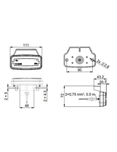 Piloto LED de galibo delantero con soporte Neon LD 2764 12/24V homologado IA A IP68 Blanco
