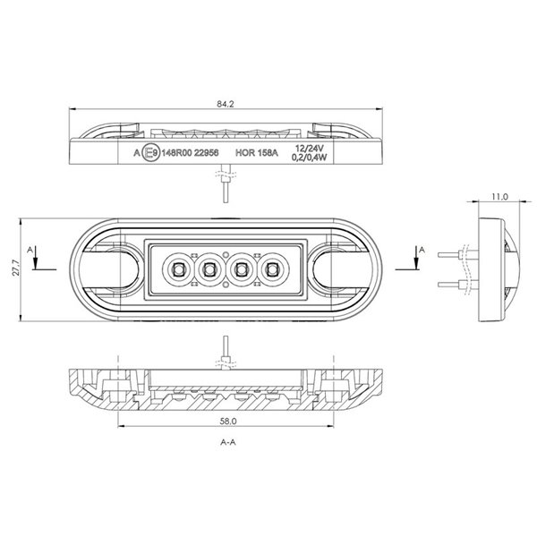 Piloto LED de gálibo lateral LD 3211 superficie plana homologado SM1 IP68 Ámbar