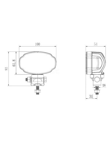 Medidas Faro de trabajo LED ovalado mini 3000 lm 20W con conector Deutsch y soporte Swivel
