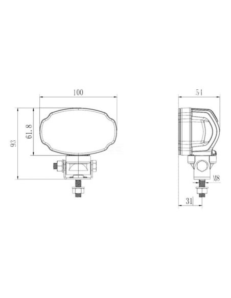 Dimensions : Mini lampe de travail ovale LED 3000 lm 20 W avec connecteur Deutsch et support pivotant