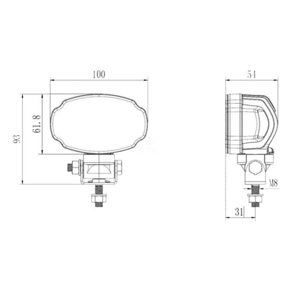 Medidas Faro de trabajo LED ovalado mini 3000 lm 20W con conector Deutsch y soporte Swivel