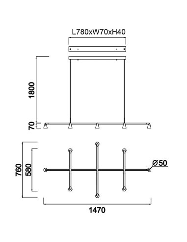 Luminária pendente LED preta de design AFRICA com 8 lâmpadas, 42W 3000K 3600lm, dimerizável por TRIAC.