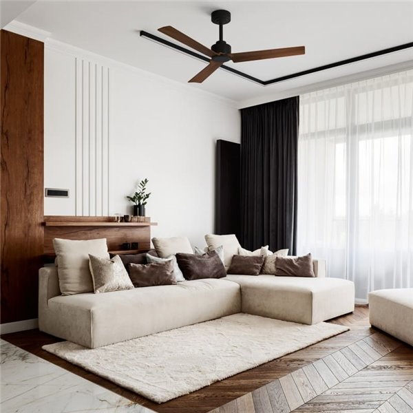 Ventilateur moderne ANNE noir sans éclairage, avec pales en bois foncé, 22 W Ø 127 cm