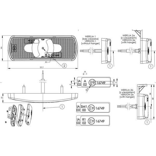 Luz de posição lateral em LED LKD 2222 com indicador de direção e refletor, com suporte, 12/24V, IA SM1 5, certificação IP68.