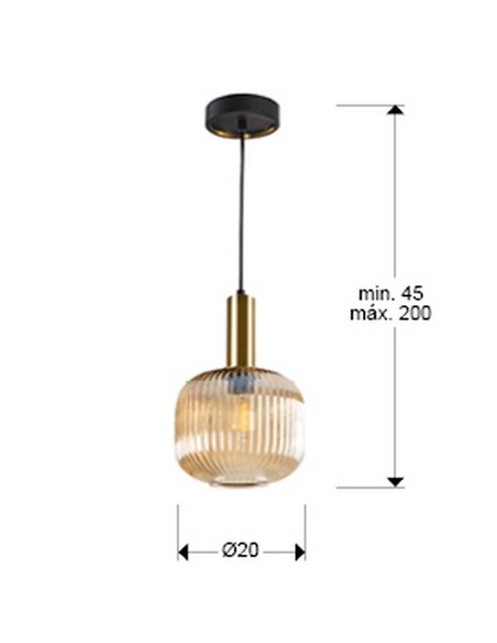 Plafonnier LED NORMA avec abat-jour en verre cannelé Ø 20 cm, 20 W max., culot E27, 2700 K, 870 lm, IP20, ambre