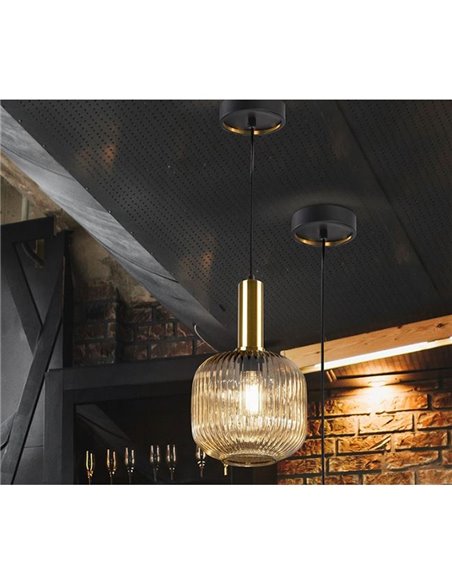 Plafonnier LED NORMA avec abat-jour en verre cannelé Ø 20 cm, 20 W max., culot E27, 2700 K, 870 lm, IP20, ambre