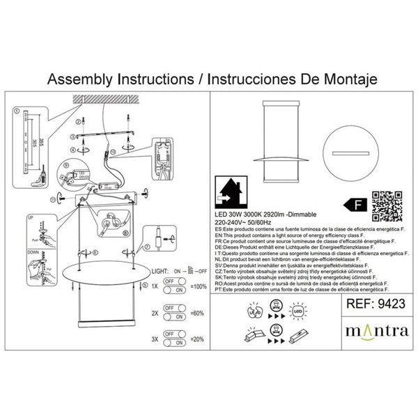 Suspension LED SUN II, noire, 30 W, 3 000 K, 2 920 lm, dimmable, 3 niveaux d'intensité, taille moyenne, Ø 60 cm