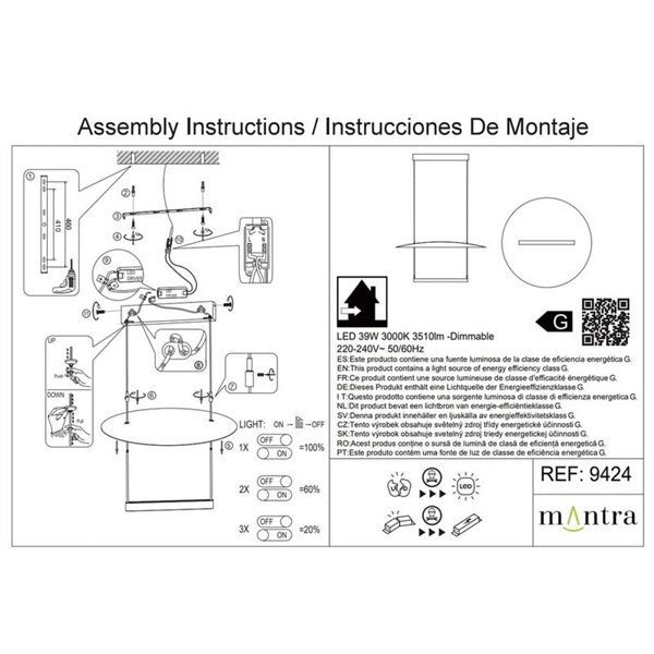 Luminária pendente LED SUN II, preta, 39W, 3000K, 3510lm, dimerizável, 3 níveis de intensidade, grande, Ø80cm