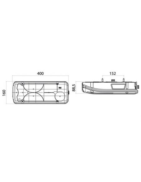 Dimensions du feu arrière droit Vignal LC8 pour Iveco Stralis/Trakker avec connecteur HDSCS 8 broches et alarme de recul