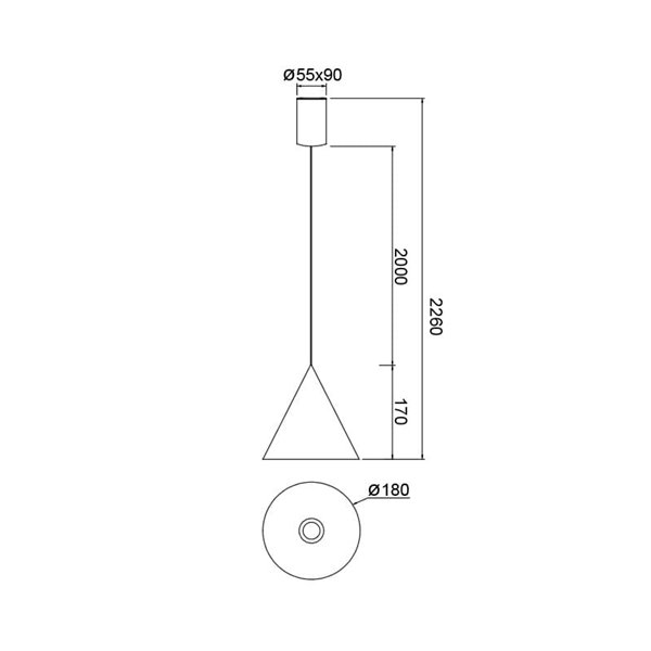 Luminária de teto pendente cônica de LED, 10W, cone de cobre Ø18cm, 3000K, design moderno e dimerizável por TRIAC.