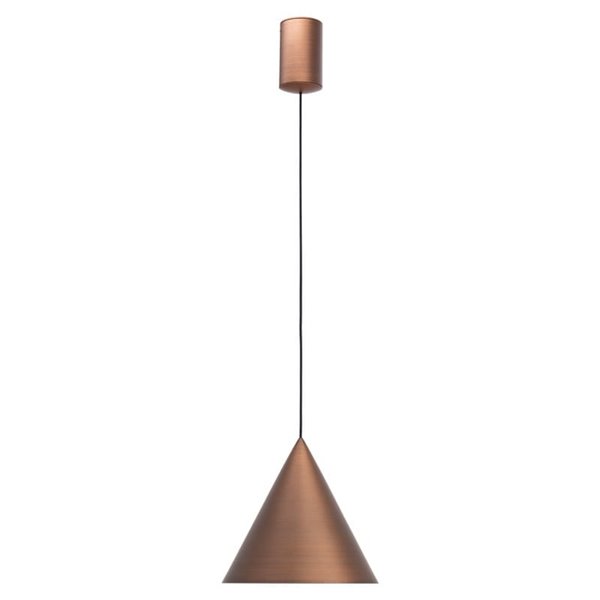 Luminária de teto pendente cônica de LED, 10W, cone de cobre Ø18cm, 3000K, design moderno e dimerizável por TRIAC.