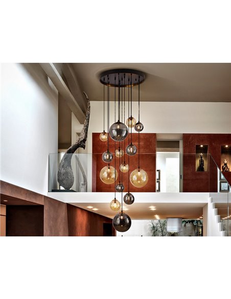 Luminária de teto pendente G9 DARK com 14 lâmpadas e cúpulas esféricas, altura máxima de 500 cm, IP20.