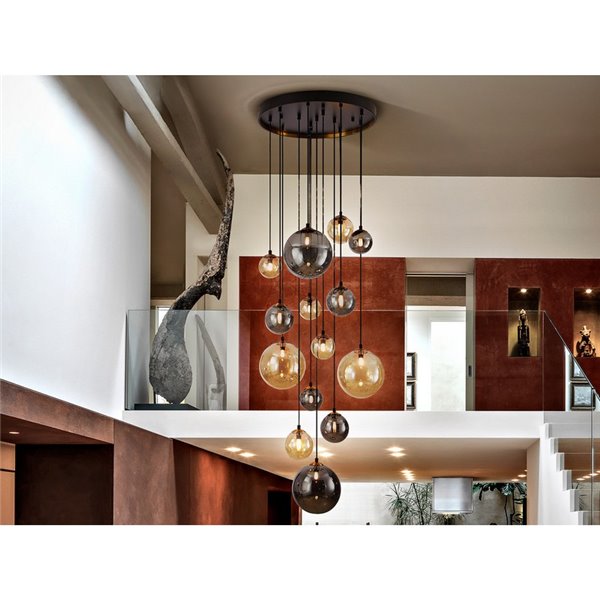 Suspension G9 DARK à 14 lumières avec abat-jour sphériques, hauteur maximale de 500 cm, IP20