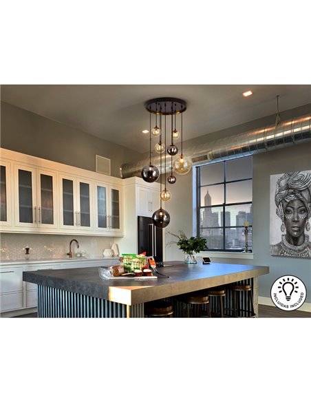 Luminária pendente esférica de cristal DARK 9xG9, até 200 cm de altura, IP20.