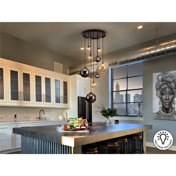 Suspension sphérique en cristal DARK 9xG9, jusqu'à 200 cm de hauteur, IP20