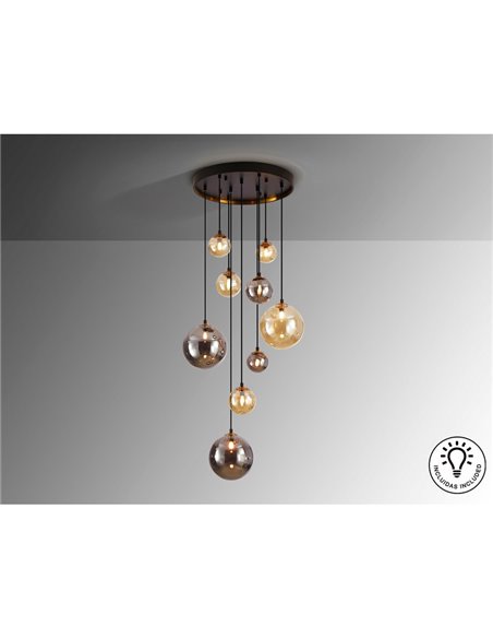 Suspension sphérique en cristal DARK 9xG9, jusqu'à 200 cm de hauteur, IP20