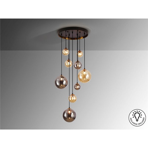 Suspension sphérique en cristal DARK 9xG9, jusqu'à 200 cm de hauteur, IP20