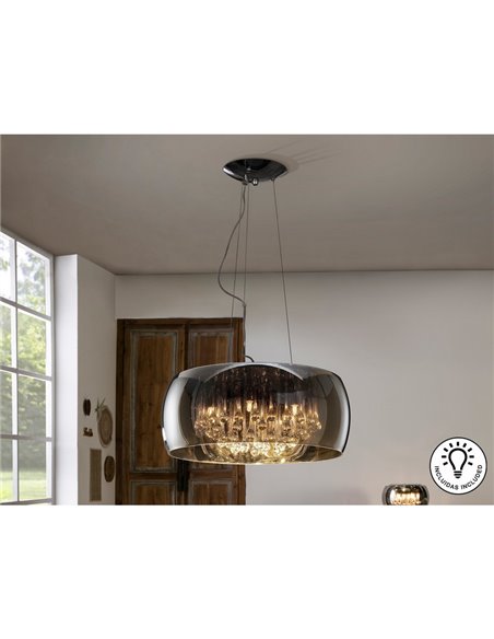 Luminária pendente ARGOS Ø50 cm em vidro espelhado com detalhes em forma de lágrima, 6 lâmpadas LED G9 de 6W