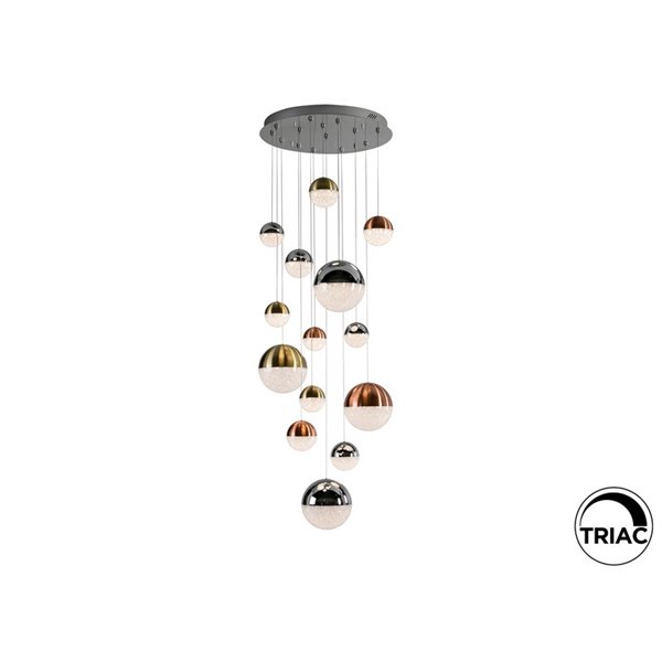 Luminária LED SPHERE, 14 lâmpadas, Ø60cm, 78,6W, 5502lm, 3000K, altura máxima 300cm, dimerizável por aplicativo.