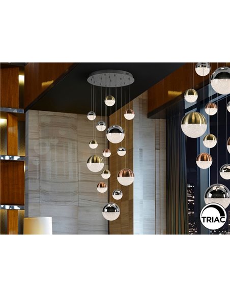 Luminária LED SPHERE, 14 lâmpadas, Ø60cm, 78,6W, 5502lm, 3000K, altura máxima 300cm, dimerizável por aplicativo.