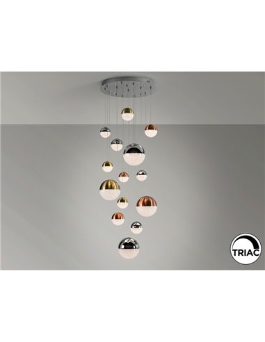 Luminária LED SPHERE, 14 lâmpadas, Ø60cm, 78,6W, 5502lm, 3000K, altura máxima 300cm, dimerizável por aplicativo.