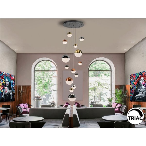 Luminária LED SPHERE com 14 lâmpadas, Ø60cm, 78,6W, 5502lm, 3000K, altura 500cm, dimerizável por aplicativo.