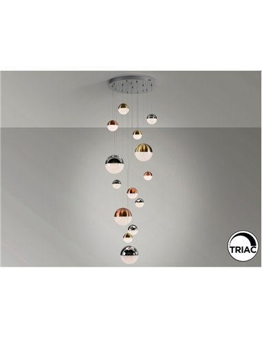 Luminária LED SPHERE com 14 lâmpadas, Ø60cm, 78,6W, 5502lm, 3000K, altura 500cm, dimerizável por aplicativo.