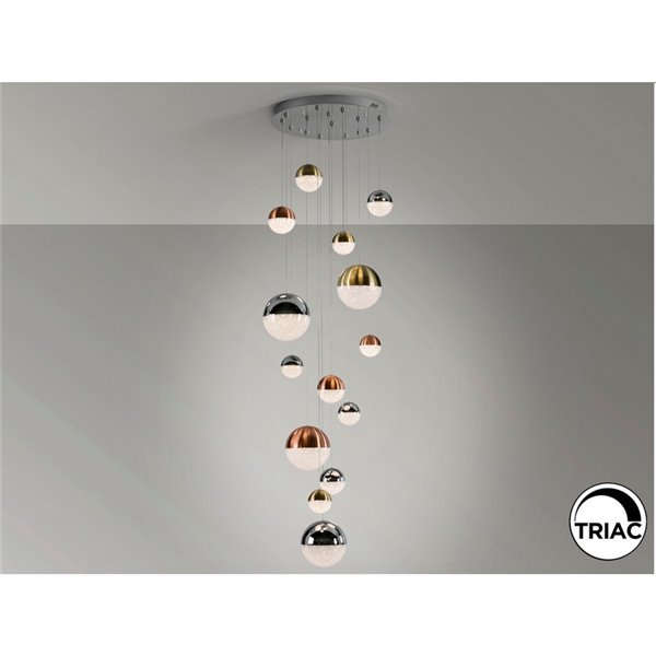 Luminária LED SPHERE com 14 lâmpadas, Ø60cm, 78,6W, 5502lm, 3000K, altura 500cm, dimerizável por aplicativo.