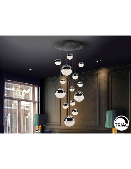 Luminária de teto SPHERE LED com 14 cúpulas cromadas, 78,6 W, 3000 K, 5502 lúmens, Ø60 cm, dimerizável.