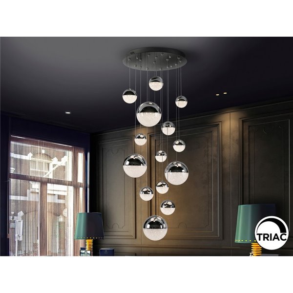 Luminária de teto SPHERE LED com 14 cúpulas cromadas, 78,6 W, 3000 K, 5502 lúmens, Ø60 cm, dimerizável.