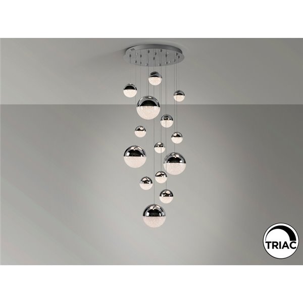 Luminária de teto SPHERE LED com 14 cúpulas cromadas, 78,6 W, 3000 K, 5502 lúmens, Ø60 cm, dimerizável.