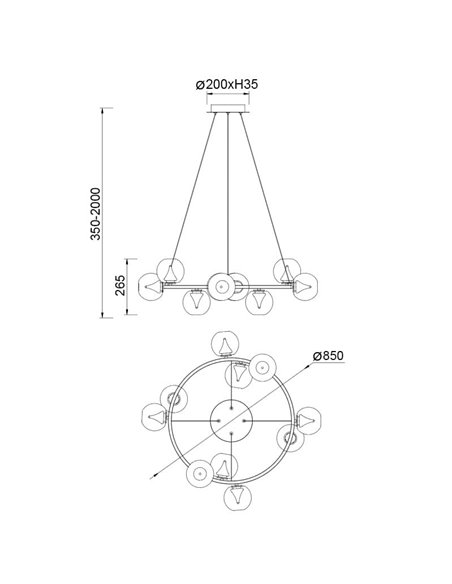 Luminária de teto LED ANDROMEDA, dourada, 9 lâmpadas, Ø85cm, 50W, 3000K, 4500lm, design moderno
