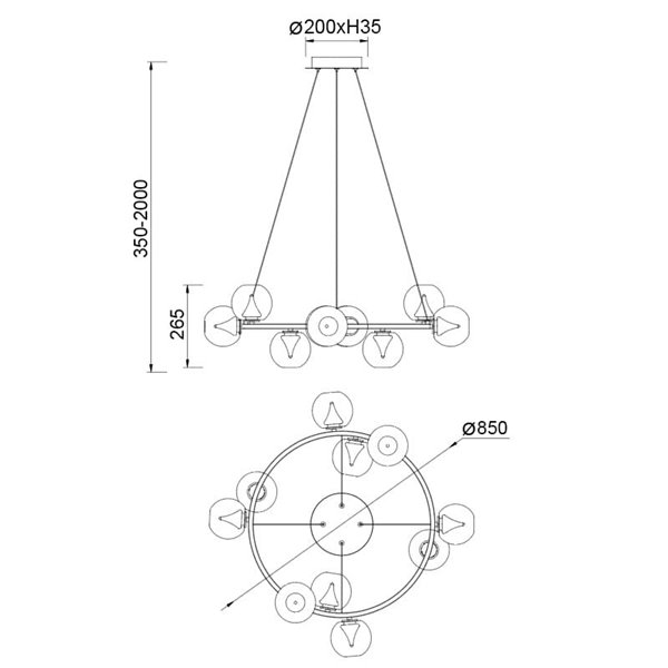 Luminária de teto LED ANDROMEDA, dourada, 9 lâmpadas, Ø85cm, 50W, 3000K, 4500lm, design moderno