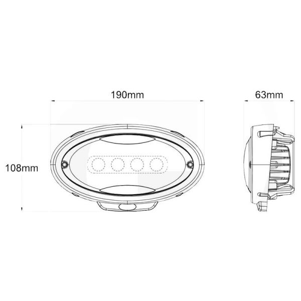 Dimensões: Refletor de trabalho LED oval embutido, preto, 65W, para John Deere, 6000 lúmens