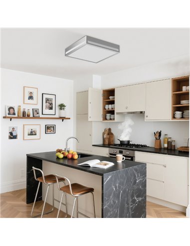 Luminária de teto quadrada de LED 380mm com superfície galvanizada prateada 36W IP44 3CCT (3000K-5700K)