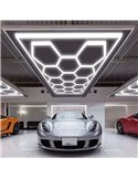 Luminária LED hexagonal moderna de grande formato com 14 painéis, 600W, 6500K, 4845x2435mm, corpo branco.