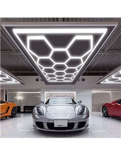 Luminária LED hexagonal moderna de grande formato com 14 painéis, 600W, 6500K, 4845x2435mm, corpo branco.