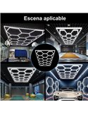 Luminária LED hexagonal moderna de grande formato com 14 painéis, 600W, 6500K, 4845x2435mm, corpo branco.