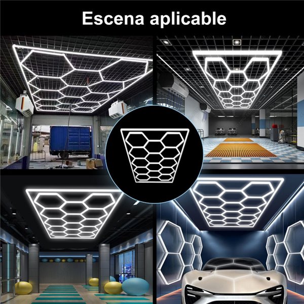 Luminária LED hexagonal moderna de grande formato com 14 painéis, 600W, 6500K, 4845x2435mm, corpo branco.