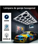 Luminária LED hexagonal moderna de grande formato com 14 painéis, 600W, 6500K, 4845x2435mm, corpo branco.