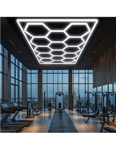 Luminária LED hexagonal moderna de grande formato com 14 painéis, 600W, 6500K, 4845x2435mm, corpo branco. 2