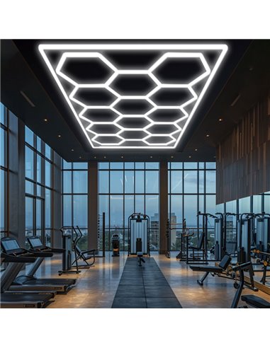 Luminária LED hexagonal moderna de grande formato com 14 painéis, 600W, 6500K, 4845x2435mm, corpo branco.